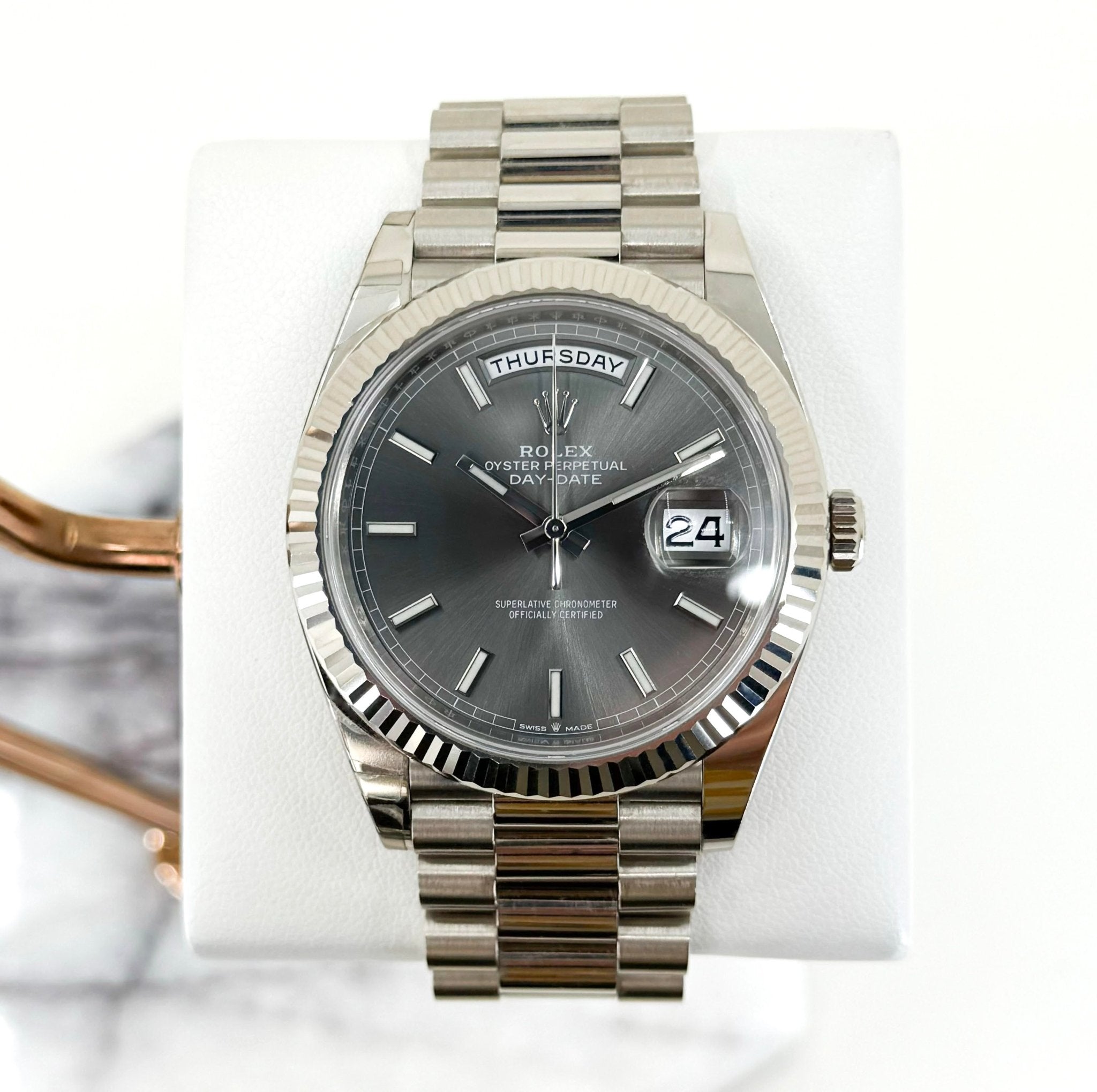 Rolex Day-Date 40 White Gold Slate Dial Index Dial & Fluted Bezel President Bracelet 228239 - Luxury Time NYC
